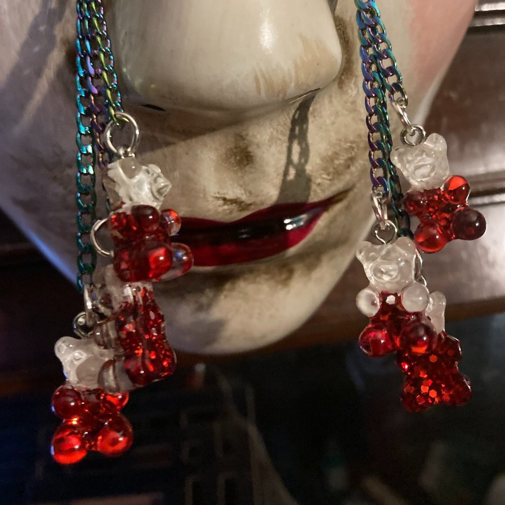 Triple Bloody Scummy Bear Glitter Dangle Earrings